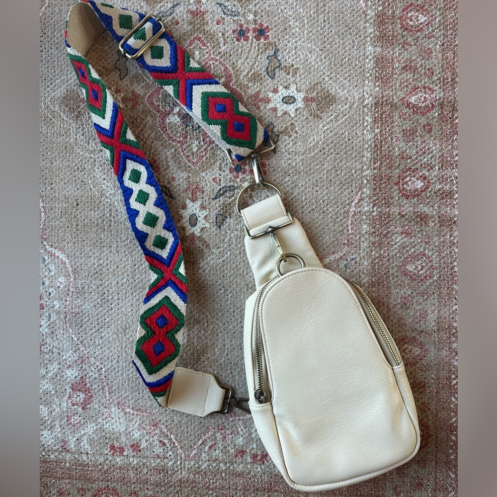 Anthropologie Cream Leather Crossbody with Multicolor Woven Strap